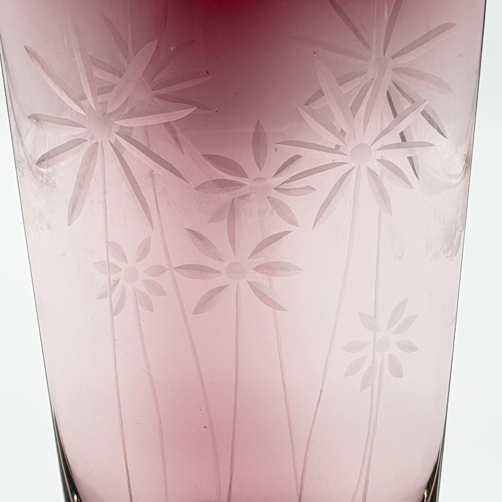 Vintage MCM Purple Amethyst Glass Vase Etched Starburst Flower Bohemian Etherial